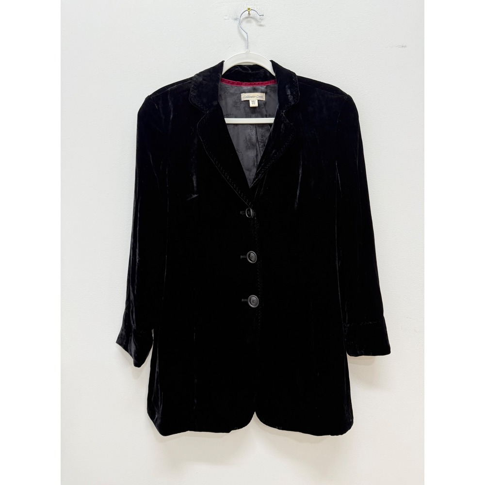 Coldwater Creek Velvet Blazer P14 Black Longline Button Stitched Trim Pocket‎